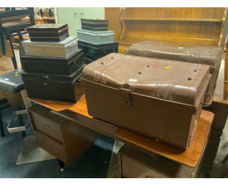 Vintage tin trunk together with four vintage deed /cash boxes 