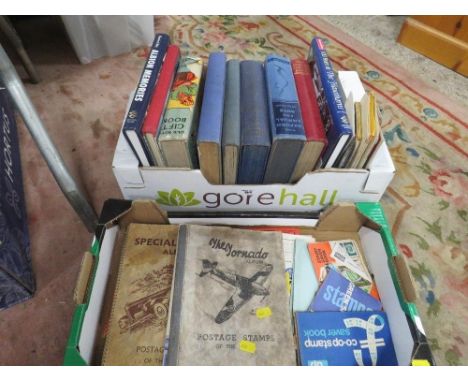 A tray of assorted vintage books etc together with a tray of vintage stamps and ephemera