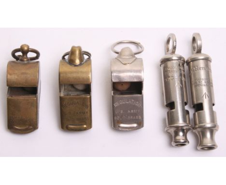 British & USA Military Whistles, consisting of two J Hudson & Co Metropolitan pattern whistles, one having the makers address