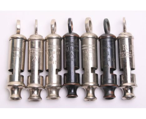 WW2 and Post WW2 British Army Whistles, all being Metropolitan pattern and have the following dates 1940, 1943, 1947, 1952, 1