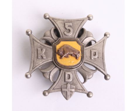 WW2 Polish 5th Kresowa Division Badge, white metal with enamel centre and central brass bull. 5 K P D to each arm of the Malt