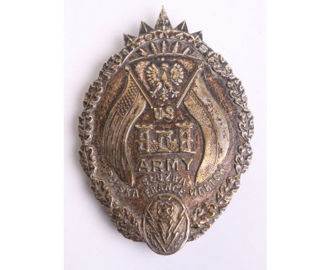 US Army Polish Labour Service in France 1945 Badge, fitted with a crude glued hook fitting on the reverse. Badge shows some w
