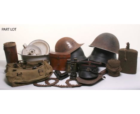 Selection of Military Equipment and Headdress consisting of WW1 Austrian / Bulgarian entrenching tool, WW2 British water bott