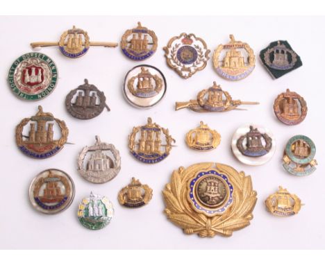 Selection of Dorset Regiment Sweetheart Brooches, of various periods and construction. Including brass and enamel, mother of 