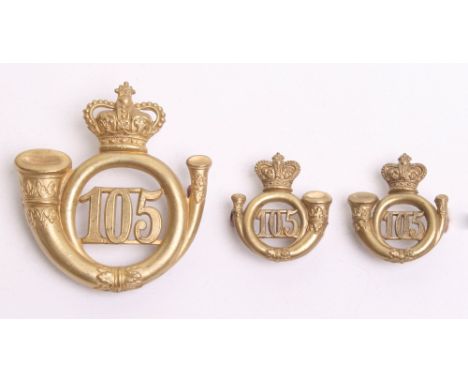 105th Madras Light Infantry Glengarry Badge and Collar Badges, gilt brass crowned bugle with 105 to the centre. Two small gil