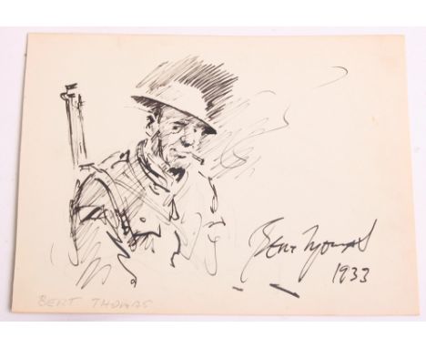 Bert Thomas (1883-1966) Cartoon Sketch in ink showing a half portrait of a British WW1 soldier wearing steel helmet and rifle