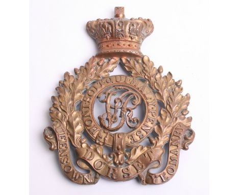 Victorian Queens Own Dorset Yeomanry Sabretache Badge, large brass Victorian crowned oak leaf wreath with garter to the centr