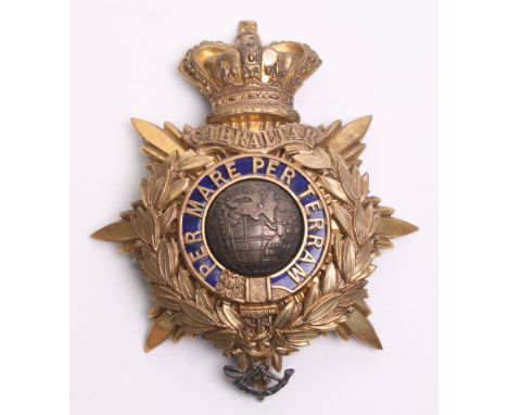 Victorian Royal Marine Light Infantry Officers Home Service Helmet Plate, gilt crowned star with laurel wreath, topped by scr