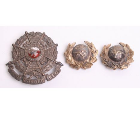 Victorian Border Regiment Officers Glengarry Badge and Collar Badges, silvered regimental badge being two piece construction 