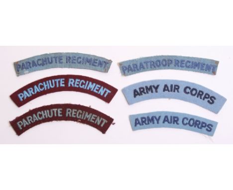Selection of Airborne Cloth Shoulder Titles consisting of embroidered blue on sky blue PARACHUTE REGIMENT, embroidered PARATR