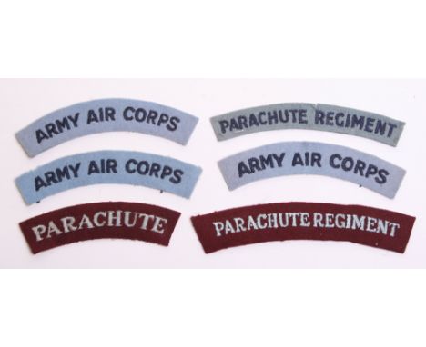 Selection of Airborne Cloth Shoulder Titles consisting of embroidered dark blue on powder blue PARACHUTE REGIMENT, embroidere