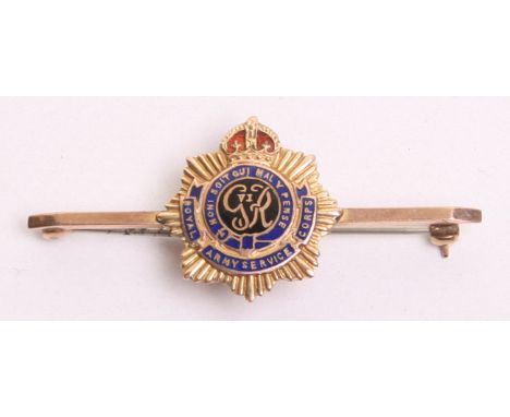 9ct Gold Royal Army Service Corps Sweetheart Brooch, being enamelled centre regimental badge on straight bar. Marked 9ct to t