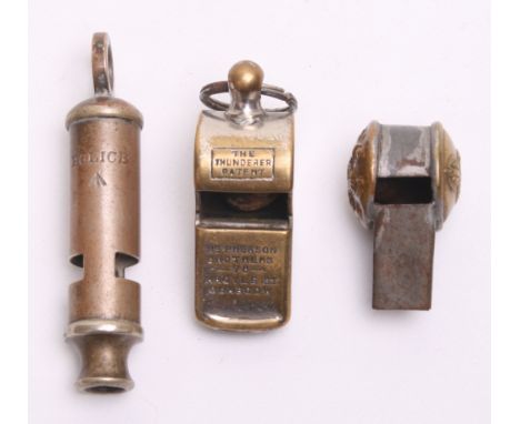 Three Early Military and Police Whistles, consisting of a plated brass Thunderer patent example by Ms Pherson Brothers 78 Arg