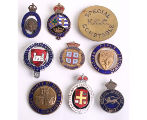Selection of Special Constabulary Badges, consisting of Devon gilt and enamel, County of Devon brass and enamel, Surrey white
