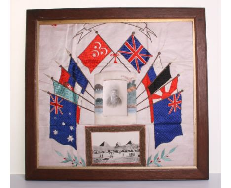 Great War HMS Humber Souvenir Tapestry, with flags of the allied nations and a photograph of a naval sailor with HMS Humber c