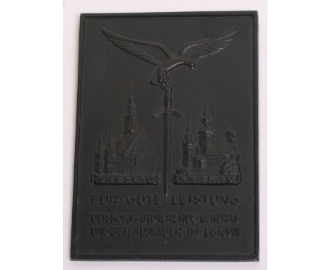 Third Reich Luftwaffe Non Portable Award Plaque showing a Luftwaffe eagle holding a Luftwaffe officers sword in its talons. T