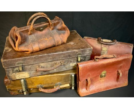 Vintage Luggage - an early 20th century leather suitcase, bearing labels; a Gladstone type leather bag; a briefcase; a docume