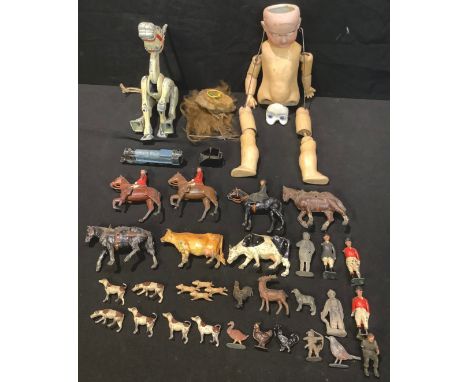 Toys &amp; Juvenalia - a set of lead animals and figures including Britains hunting figure; a muffin the mule puppet; a small