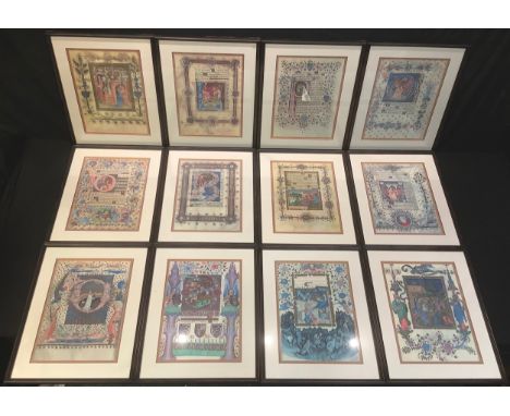 Pictures and Prints - a collection of twelve Medieval illuminated manuscript prints, each approx. 36.5cm x 25.5cm, all mounte