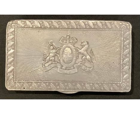 An early 19th century pewter snuff box, bearing Royal armorial 