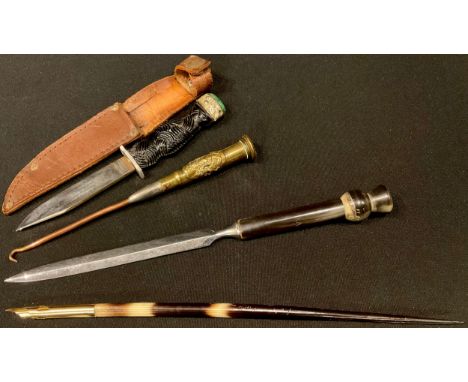 A miniature Scottish dirk; a horn handled letter opener; a Trench Art button hook; a porcupine quill pen (4) 