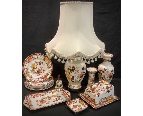 A Mason's Brown Velvet pattern table lamp; vases, plates; etc 