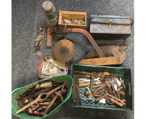 Tools - a selection of tools including hammers, spanners, plane, clamps, brace, grease gun, etc; a plough blade 