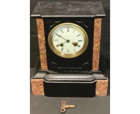 A late 19th century French black slate and rouge marble mantel clock, white enamel dial, Roman numerals, twin winding holes, 