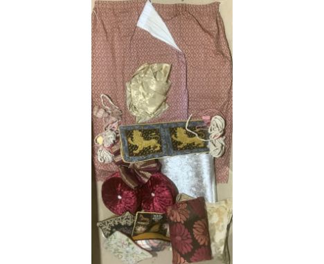 Textiles - a pair of Laura Ashley MCMLXXXIV Albert pattern curtains, 176cm drop x 115cm width; curtain tie backs; pelmets; ta
