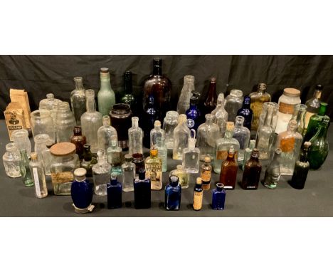 Advertising Bottles - a Dr Dettweilers cobalt blue sputum flask; blue glass poison bottles; medical/chemist bottles; some wit