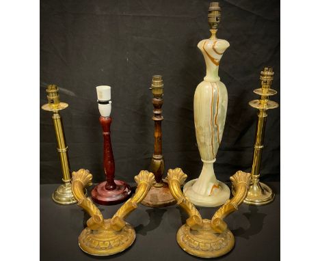 Lighting - a pair of carved giltwood two branch wall sconces; a pair of brass table lamps; an onyx table lamp; etc (7) 