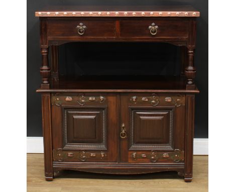 An Arts &amp; Crafts copper mounted buffet serving cabinet, rectangular top above a pair of short drawers and a pair of panel