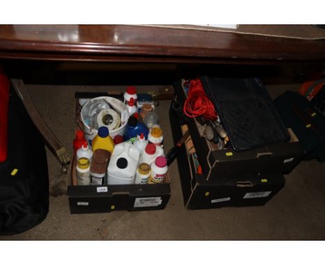 Three boxes containing rope, hand tools and various containers
