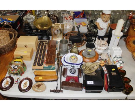 A collection of various decorative items to include bridge boards, set of scales and weights, Ilford Sportsman camera, trinke