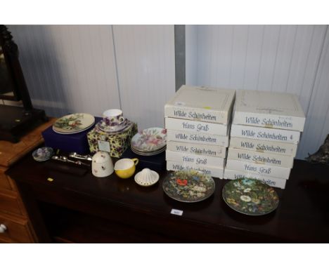 Royal Worcester collectors plates, Maxwell Williams cream pansy trio, silver plated souvenir spoons, a quantity of collectors