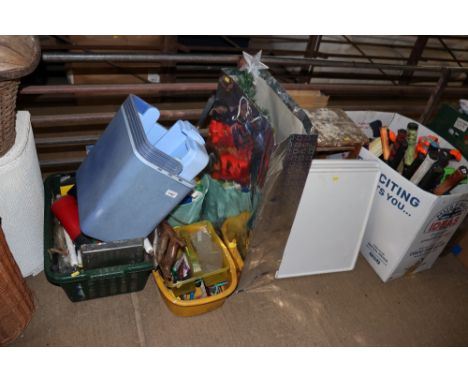 Two trays; a wooden stool; Christmas decorations; a cool box; various tools etc.
