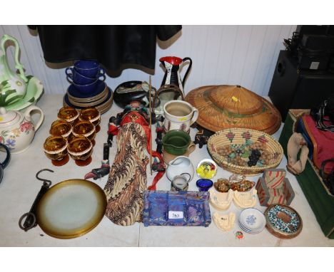 A wooden puppet, dolls house furniture, various other sundry items