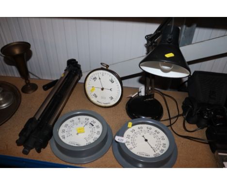 An Angle poise style lamp, camera tripod, a Climemet thermometer and hydrometer together with an A.C. Saxby Cheltenham aneroi