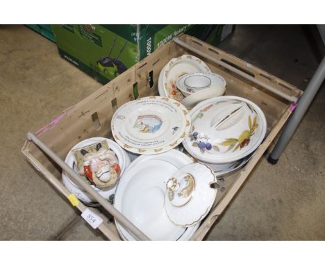 A box containing various china to include Wedgwood 'Bunnikins', and 'Peter Rabbit', a Staffordshire style figure AF, Royal Wo