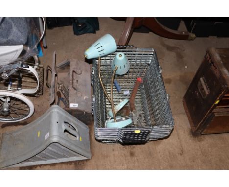 A metal tool box and contents of tools; shopping baskets; two retro style lamps etc