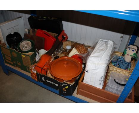 Three boxes containing various sundry items to include table lamp, plant pots, enamel saucepan etc.