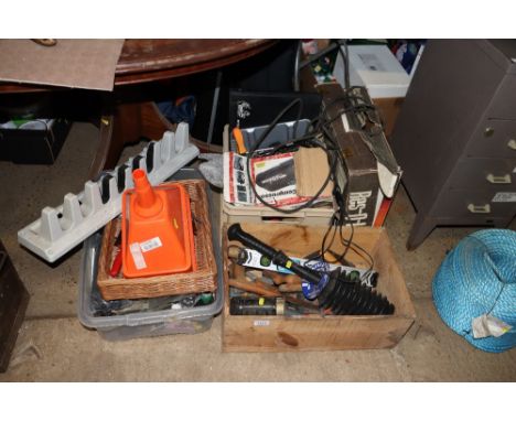 Three boxes containing hand tools; fittings; a compressor; rescue ladder etc