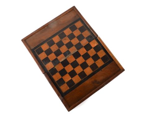 A CONTINENTAL WALNUT AND FRUITWOOD GAMES BOARD WITH COUNTERS AND LEATHER SHAKERS19th Century  The interior inlaid for backgam
