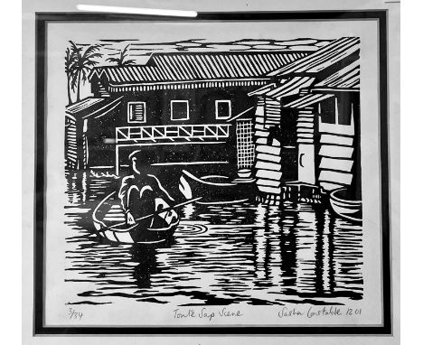 Sasha Constable (British, Contemporary), 'Tonlé Sap Scene', limited edition woodblock print, numbered 3/34, signed and inscri