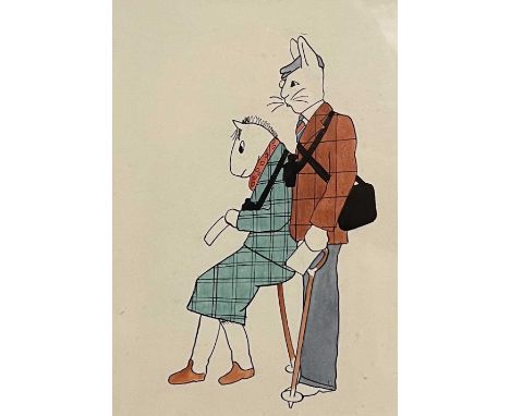 Contemporary sketch of two animals dressed in clothes, ink and wash laid on paper, mounted and framed. 