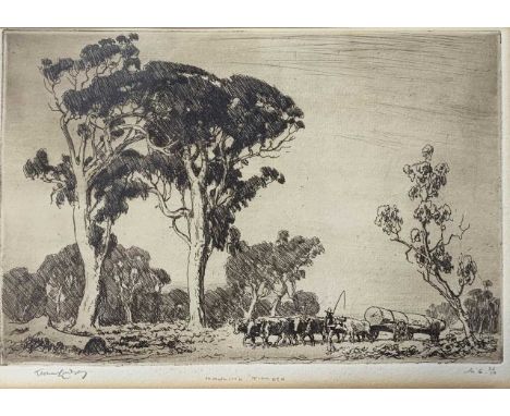 Lionel Lindsay (1874-1961) etching "Hauling Timber" signed and title in pencil no6 from an edition of 50 in black wooden fram