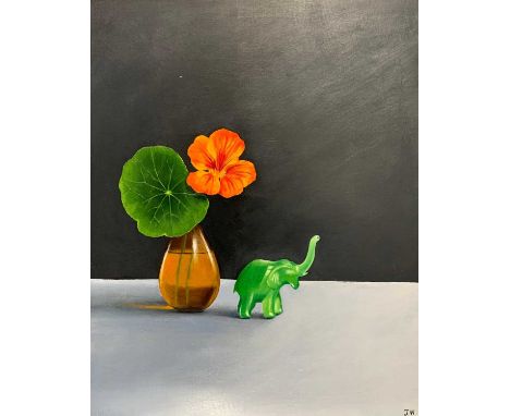 Joceline Wickham RA (British, contemporary), 'Elephant leaving Nasturtium', oil on wooden panel, initialed 'JW', unframed.