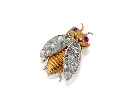 en forme d'abeille, ailes avec roses de diamant, yeux en cabochon rubis, poinçon 750 et PTPoids: 11,50 g environA GOLD, PLATI