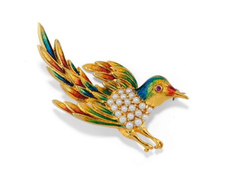 une rèalisèe comme un oiseau dècorè d'èmail polychrome et de perles de culture - l'autre circulaire avec des perles de cultur