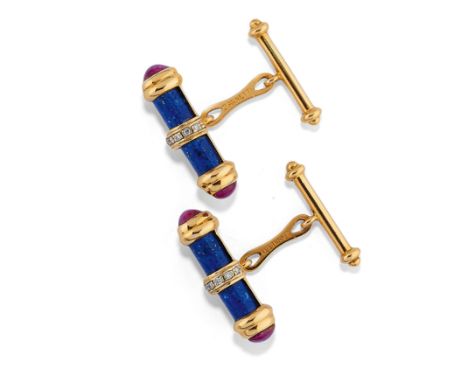 RUBIS ET DIAMANTS, SIGNÈS ZANNETTIEn or avec 4 rubis cabochon et diamants taille brillant. Poinçon or 750.Poids 12,90 g envir